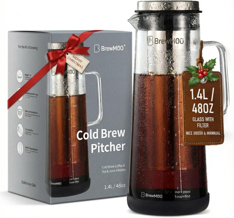 BrewMOO - Airtight Cold Brew Coffee Maker Pitcher, 1.4L/48Oz Thick Glass Carafe with Filter, Comfort Sturdy Handle & Wide Spout, Non-Slip Base | Iced Tea Maker (Black) - Image 1